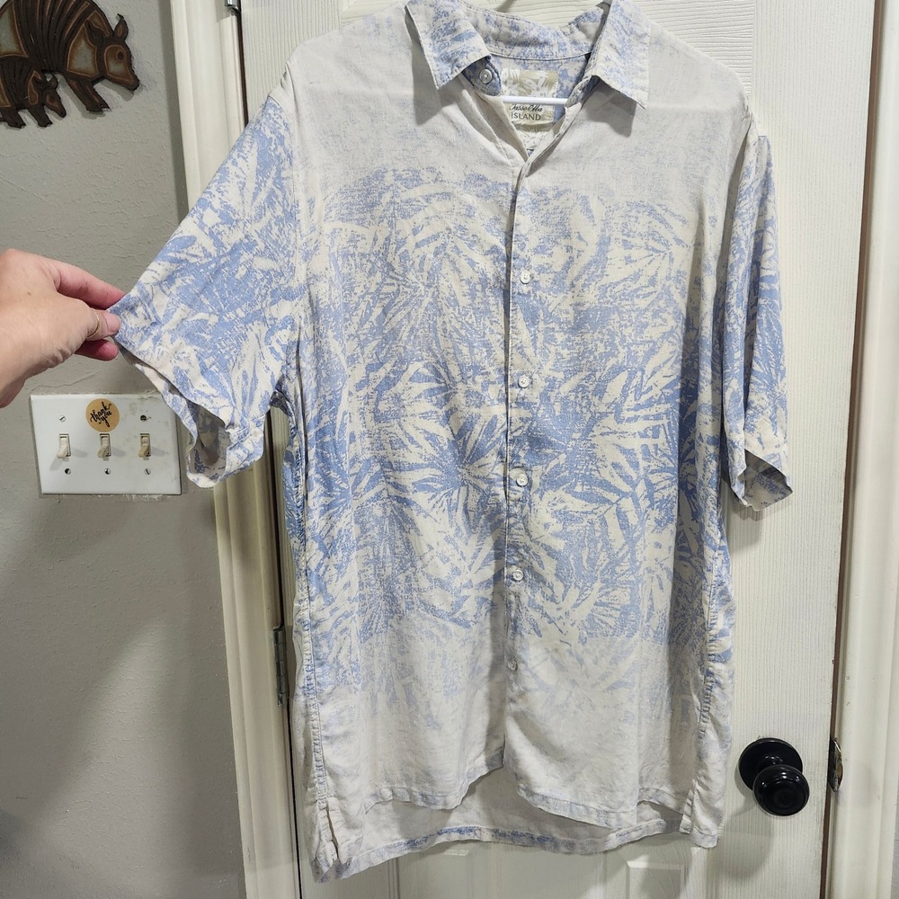 Tasso Elba Island Mens XL Silk Linen Tropical Palm Print Button Up Shirt Blue